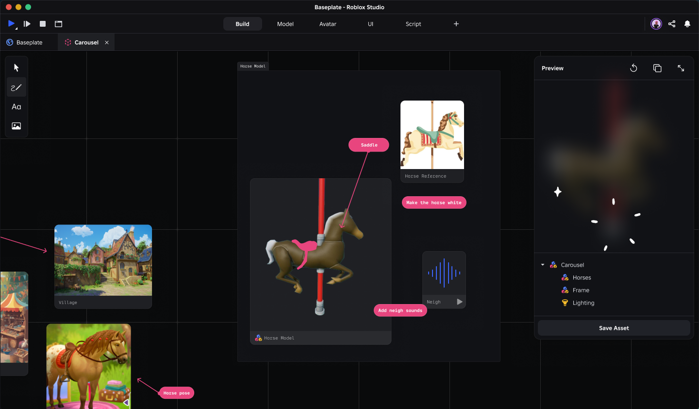 Roblox Studio Vision moodboard canvas with AI prompting and asset preview concepts